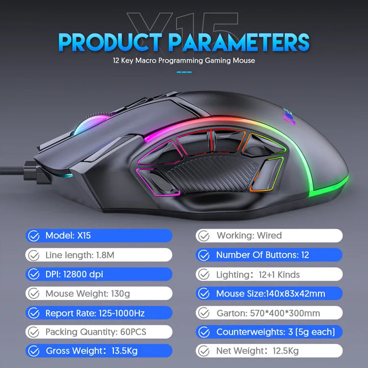 12800DPI RGB Macro Gaming Mouse with 12 Keys