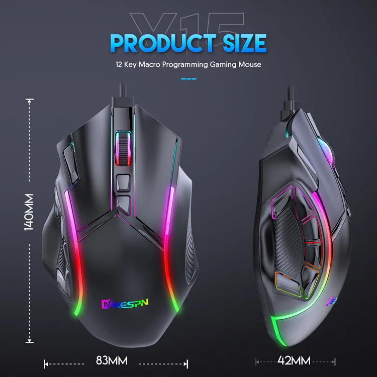 12800DPI RGB Macro Gaming Mouse with 12 Keys