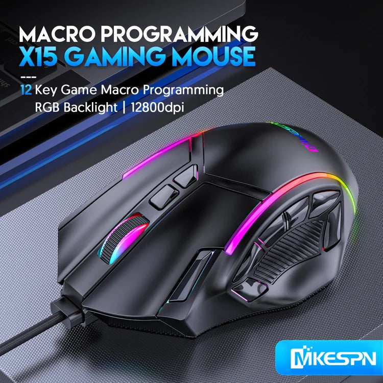 12800DPI RGB Macro Gaming Mouse with 12 Keys