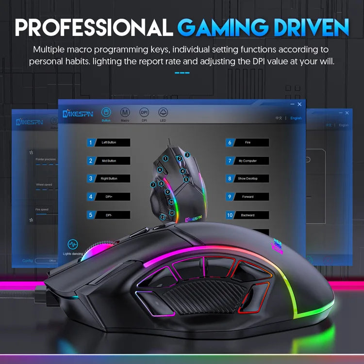 12800DPI RGB Macro Gaming Mouse with 12 Keys
