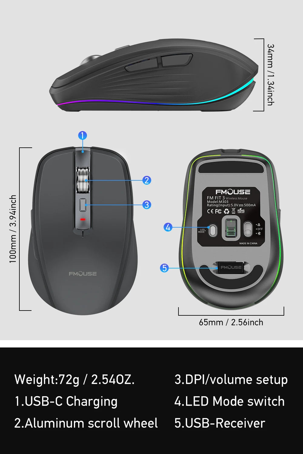 Dual Mode RGB Wireless Bluetooth Rechargeable Mouse