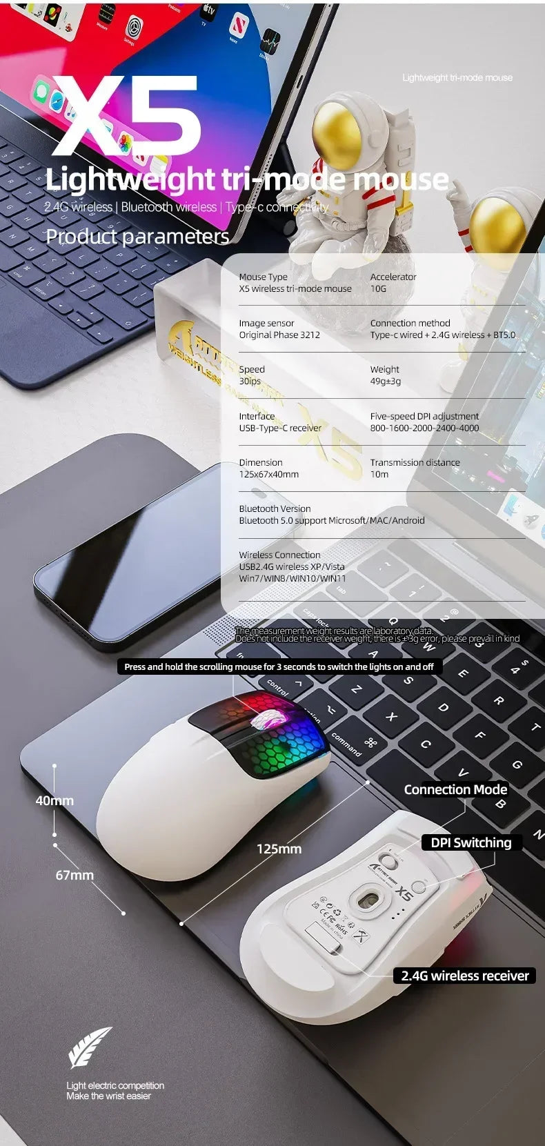 X5 RGB Wireless Gaming Mouse with 3 Modes