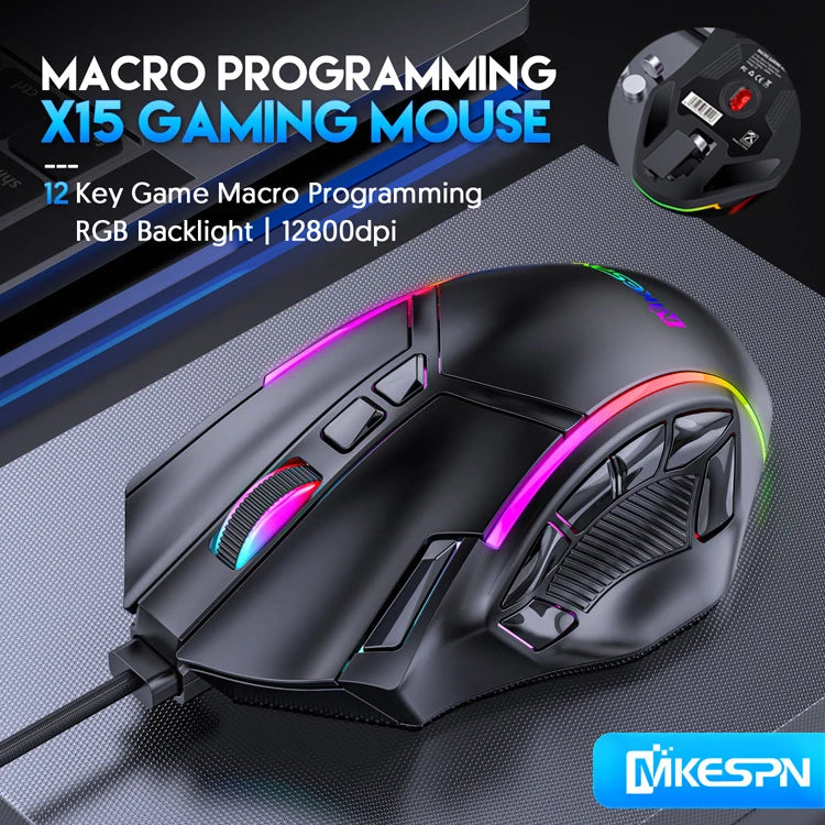 12800DPI RGB Macro Gaming Mouse with 12 Keys
