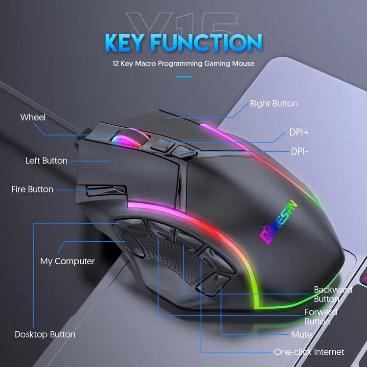 12800DPI RGB Macro Gaming Mouse with 12 Keys