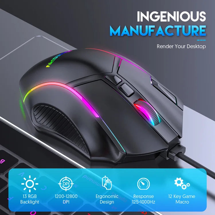 12800DPI RGB Macro Gaming Mouse with 12 Keys