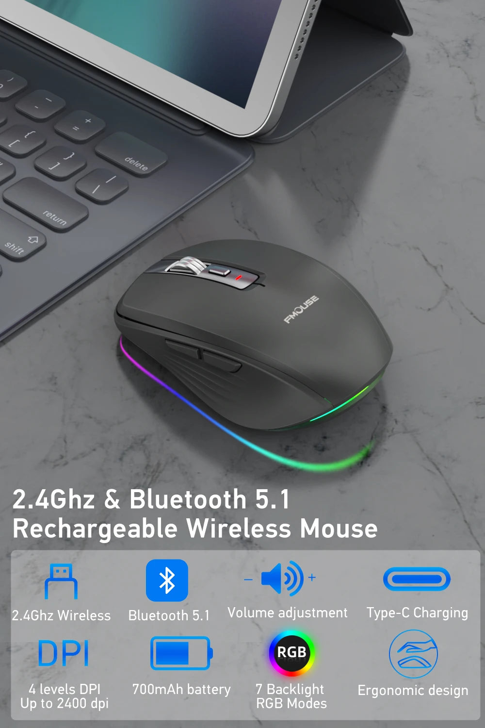 Dual Mode RGB Wireless Bluetooth Rechargeable Mouse