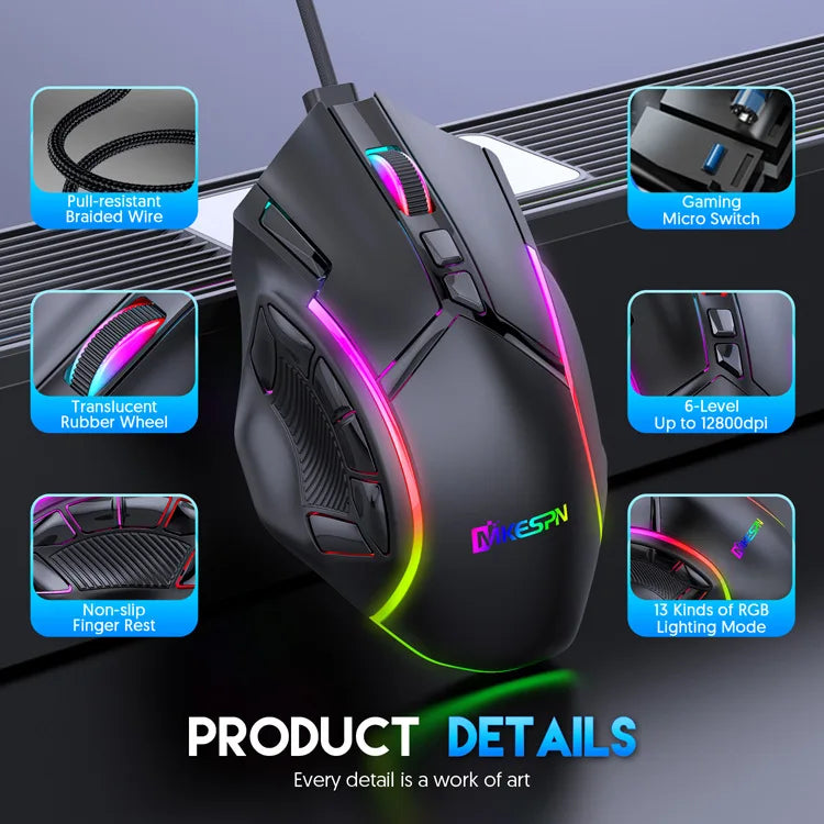 12800DPI RGB Macro Gaming Mouse with 12 Keys
