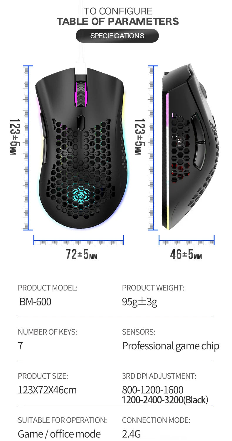 BM600 RGB Rechargeable Honeycomb Gaming Mouse